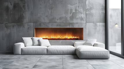 White sofa near fireplace against concrete wall. Loft, minimalist home interior design of modern living room.