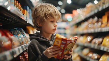Child with food allergy reading ingredients on a product, informed choice - obrazy, fototapety, plakaty