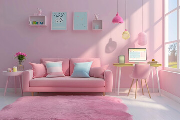 children's room in pink tones with sofa,  table and computer
