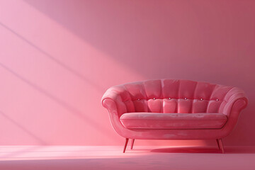 pink retro sofa, beautiful sunlight and copy space over pink wall
