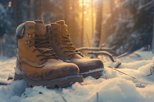 a pair of brown boots in snow