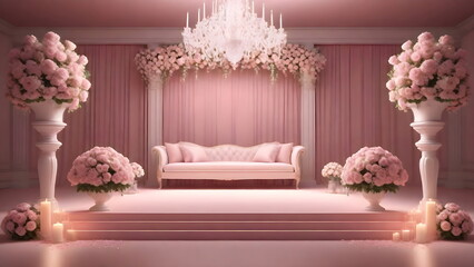 Elegant Pink Wedding backdrop, The room is decorated with pink couch and flowers