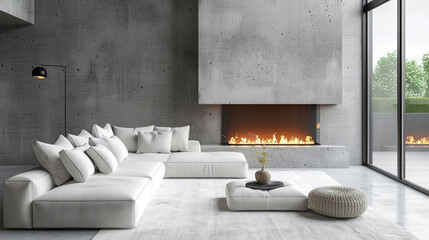 White sofa near fireplace against concrete wall. Loft, minimalist home interior design of modern living room. - obrazy, fototapety, plakaty
