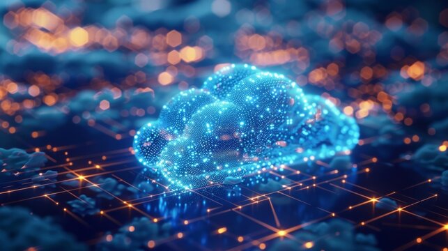 Floating cloud icons connected by light data streams represent the seamless network and storage capabilities of cloud computing.