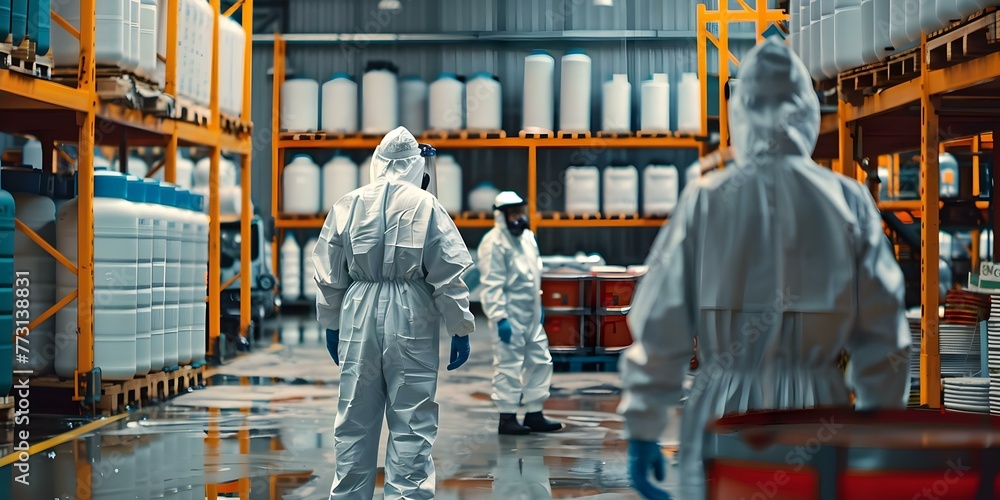 Aufkleber workers in ppe handling hazardous materials in a logistics setting emphasizing workplace safety and 