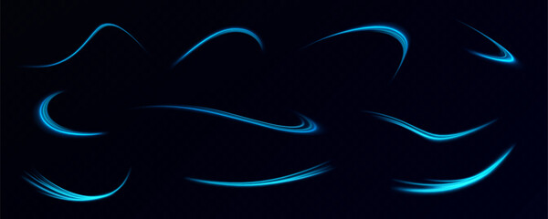 Neon lines of blue speed. Dynamic traces of light movement. Light wave of the trace, line of the trace. Futuristic neon light lines. Light movement effect. Neural network
