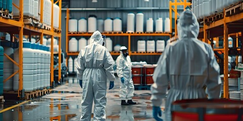Workers in PPE handling hazardous materials in a logistics setting emphasizing workplace safety and training. Concept Workplace Safety, Hazardous Materials Handling, PPE Protocols, Logistics Setting