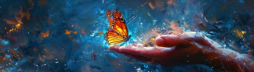 Butterfly heals broken hand, symbolizes hope and renewal in dreamlike art, merging nature and spirit in imaginative fantasy scene. - obrazy, fototapety, plakaty