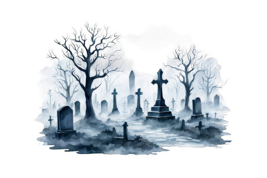 A misty graveyard with crooked tombstones, eerie trees, watercolor illustration, clipart for scrapbook, wall art prints, cutout on white background, Halloween design element, scary scene, kids books
