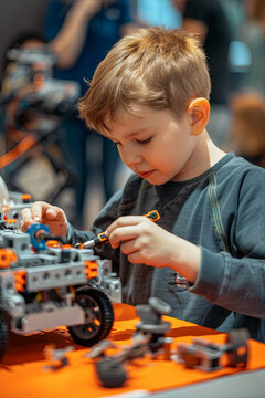Boy using screwdriver while fixing bolts on a robot vehicle. Smart kids and STEM education

