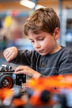 Boy using screwdriver while fixing bolts on a robot vehicle. Smart kids and STEM education
