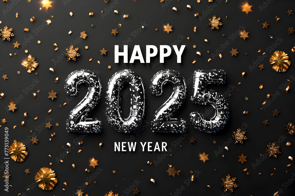 Poster a black background with gold stars and the number twenty-five. the image is a happy new year sign. g