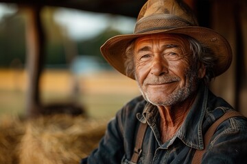 Portrait of a white seniormale farmer smiling on a farm