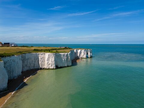 Aerial view of the white cliffs at Kingsgate Beach, Broadstairs, UK.
