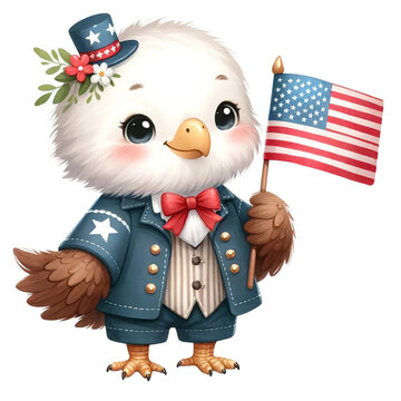 Patriotic Eaglet with American Flag Drawing
