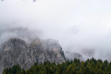 Scenic view of Tzoumerka Wild Mountains in Greece shrouded in fog, with a backdrop of lush trees