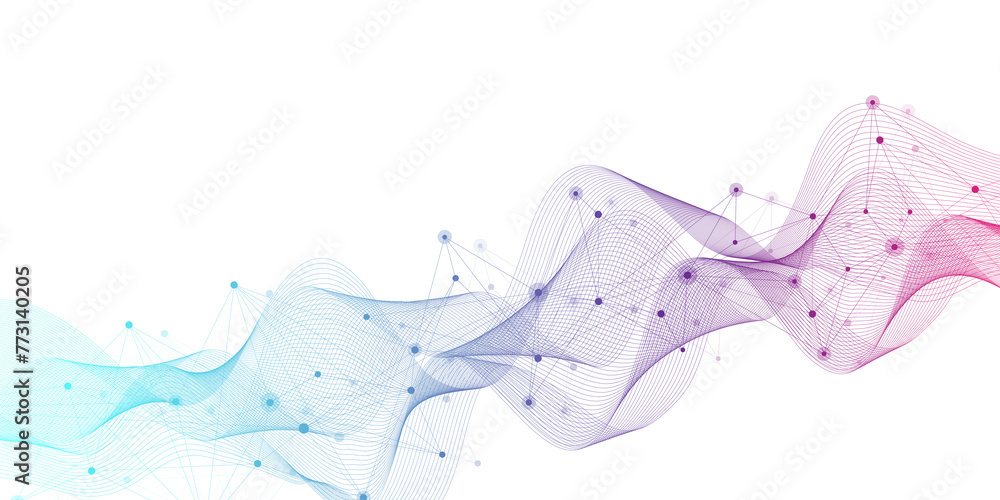 Poster Digits abstract background with connected line and dots, wave flow. Digital neural networks. Network and connection background for your presentation. Graphic polygonal background illustration.