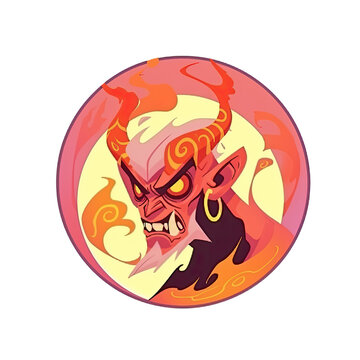 A logo of an ifrit demon head with gold earrings within a circle