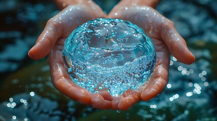 Hands holding water drop, top view, high resolution photography