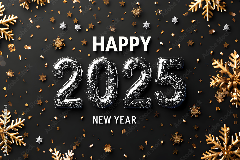 Poster a black background with gold stars and the number twenty-five. the image is a happy new year sign. g