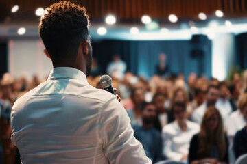Back view of a black public speaker presenting in front of a big audience at a conference hall - 773140866