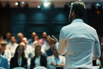 Back view of a black public speaker presenting in front of a big audience at a conference hall - 773140878