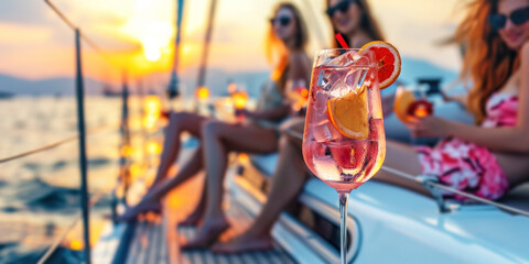 Group of friends relaxing on luxury yacht, drinking cocktails and having fun together while sailing in the sea - 773141085