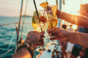 Group of friends relaxing on luxury yacht, drinking and toasting with cocktails and having fun together while sailing in the sea - 773141210