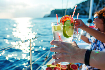 Group of friends relaxing on luxury yacht, drinking and toasting with cocktails and having fun together while sailing in the sea - 773141213