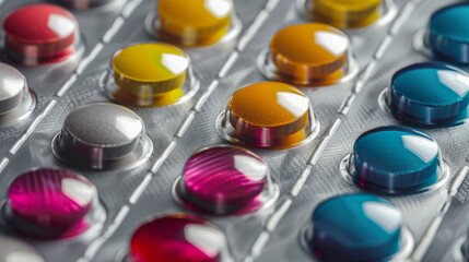 Colorful capsules in a blister pack are arrayed in an organized pattern. - obrazy, fototapety, plakaty