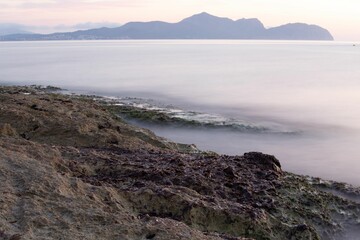 a lake coast on a misty morning