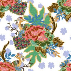 Vintage seamless pattern gold outline with exotic traditional floral pattern watercolor gouache