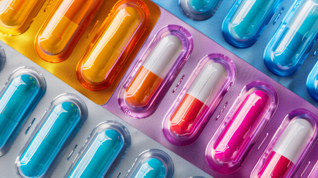 Colorful capsules in a blister pack are arrayed in an organized pattern.