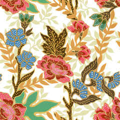 Vintage seamless pattern gold outline with exotic traditional floral pattern watercolor gouache