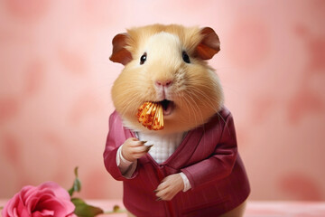 A sweet guinea pig dressed in a charming outfit, happily nibbling on a treat against a soft pink backdrop. - obrazy, fototapety, plakaty