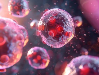 Closeup on plasma cells, B cells in background, intense focus, scientific illustration