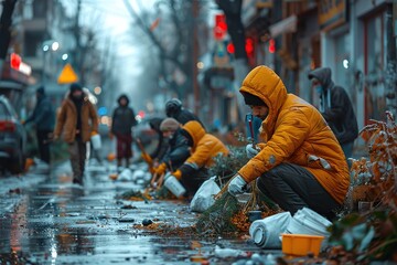 Small group of volunteers cleaning their city free of plastic waste - obrazy, fototapety, plakaty