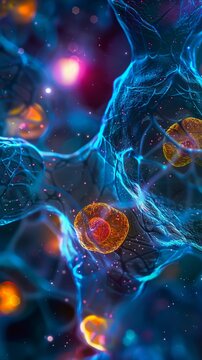 Closeup on beta cell formation, precursor cells differentiation, fluorescent tagging, dark background