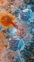 Effector lymphocyte attacking pathogen, top view, soft orange and blue confrontation, detailed engagement, clear action