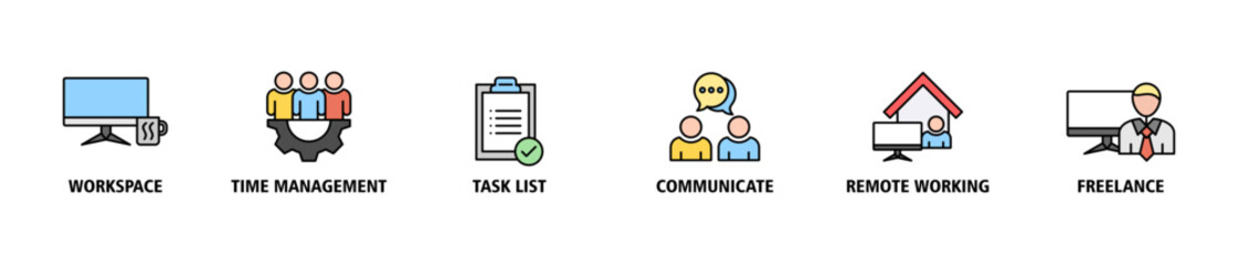 Work from home banner web icon vector illustration concept of wfh with icon of workspace, time management, task list, communicate, remote working and freelance