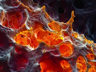 Osteoclasts resorbing bone tissue, closeup, vibrant red and orange dissolution, dark skeletal backdrop, sharp detail