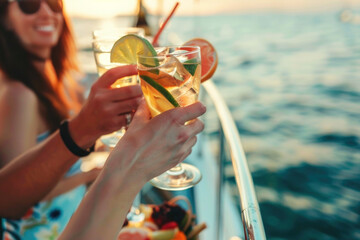 Group of friends relaxing on luxury yacht, drinking and toasting with cocktails and having fun together while sailing in the sea - 773142266