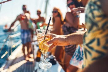 Group of friends relaxing on luxury yacht, drinking cocktails and having fun together while sailing in the sea - 773142402