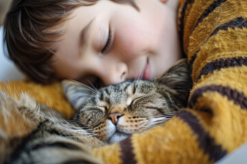 Young boy cuddling pet cat
