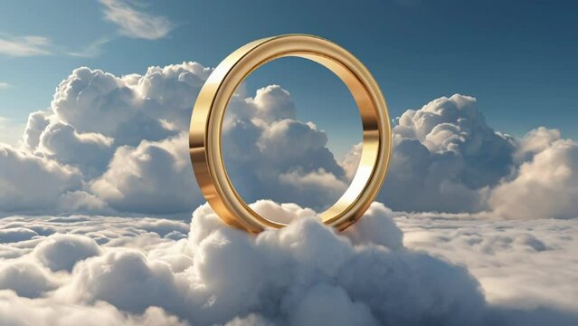 3d render, Gold rings above fluffy cloud levitating. 