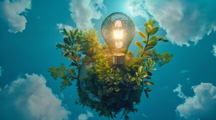 Obraz na płótnie Canvas light bulb planet earth, renewable energy for the environment plants, trees, clouds 