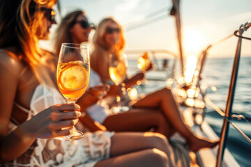 Group of friends relaxing on luxury yacht, drinking cocktails and having fun together while sailing in the sea - 773142659
