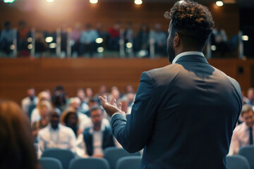 Back view of a black public speaker presenting in front of a big audience at a conference hall - 773142808