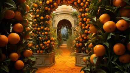 A long hallway with orange trees and orange fruit - Powered by Adobe