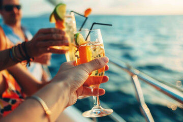Group of friends relaxing on luxury yacht, drinking and toasting with cocktails and having fun together while sailing in the sea - 773142894